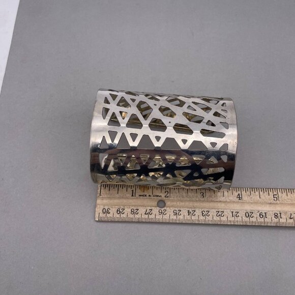 Geometric Openwork Cut Out Design Wide Cuff Bracelet Silver Tone - Picture 4 of 4